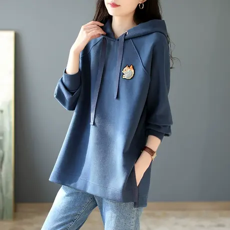 宝诗黎中长款连帽宽松上衣2023百搭时尚新款秋季开叉显瘦卫衣女装商品大图