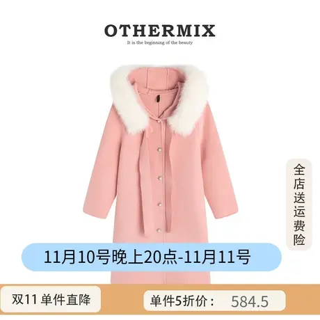 othermix 2023冬季新款毛领羊毛大衣女千金风中长款宽松毛呢外套商品大图