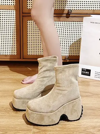 欧洲站2023年秋季新款方头厚底绒面短靴女复古套筒增高显瘦瘦瘦靴商品大图