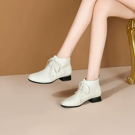 2023新款短靴女真皮秋小踝靴欧美低跟马丁靴圆头大码百搭粗跟靴子图片