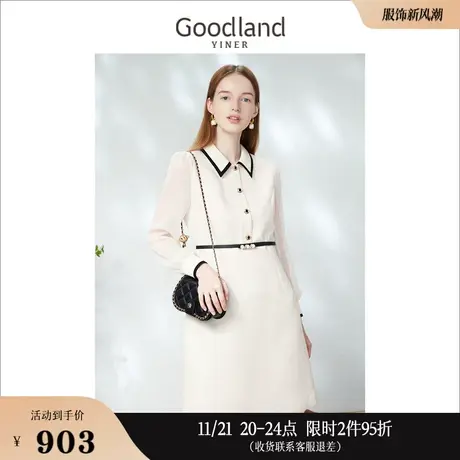 【小香风】Goodland美地女装2023春季POLO领可拆卸腰带连衣裙图片