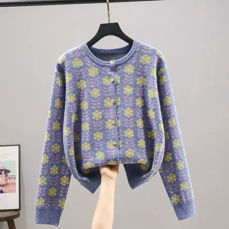 开衫女士2023春装新款韩版宽松圆领长袖针织衫碎花毛衣外套女上衣商品大图