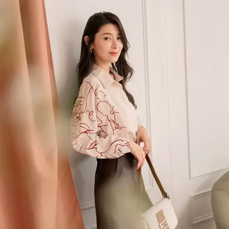 桔熊春秋季文艺范印花连袖雪纺衬衫修身上衣女胖妹妹大码AB16089图片