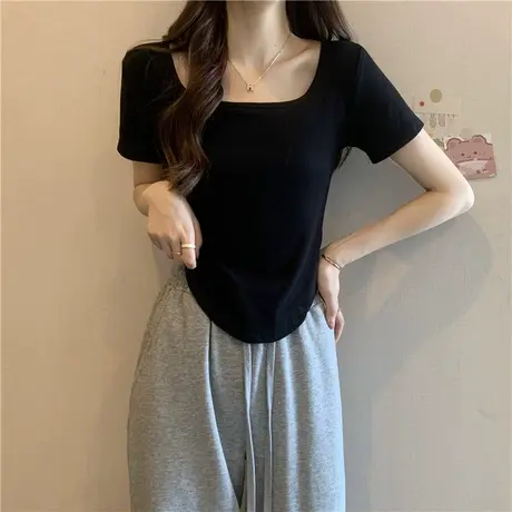 设计感小众不规则短袖T恤女夏季ins潮辣妹短款高腰修身正肩上衣服图片