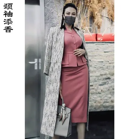 颈袖添香2023春秋新款女装时尚修身梭织过膝中长款气质外套风衣商品大图