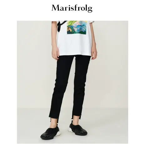 玛丝菲尔夏季新款修身百搭小脚牛仔九分开叉休闲裤女商品大图