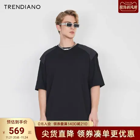 TRENDIANO官方2023新款春夏假两件拼接潮流圆领短袖t恤男商品大图