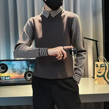 冬季时尚休闲拼接假两件潮牌潮流体恤打底衫学生高中生个性男毛衣商品大图