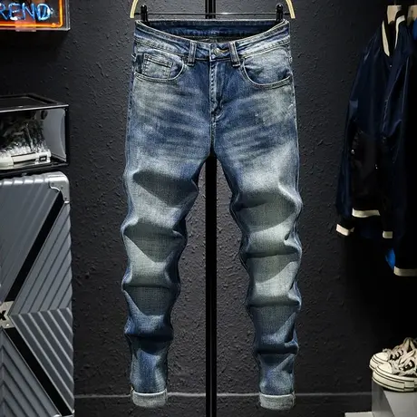 春秋季时尚潮牌复古做旧牛仔裤男修身型小脚男士百搭长裤子男高档商品大图