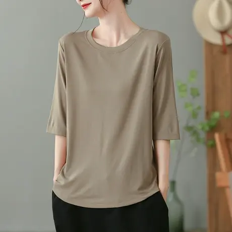 dza复古纯色全棉短袖t恤女春秋内搭打底衫宽松五分袖上衣休闲体恤商品大图
