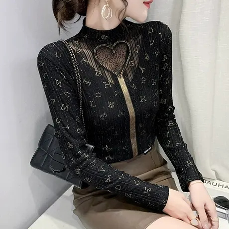 加绒半高领打底衫女秋冬气质网纱T恤内搭长袖烫钻性感镂空上衣ins图片