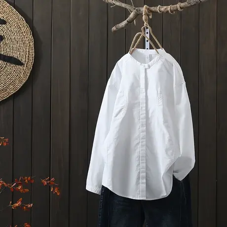 枫谜2021年春装新款文艺简约圆领长袖衬衫女宽松全棉白色衬衣上衣图片