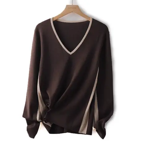 拼色V领长袖T恤打底衫女内搭春秋2023新款修身时尚多巴胺穿搭上衣图片