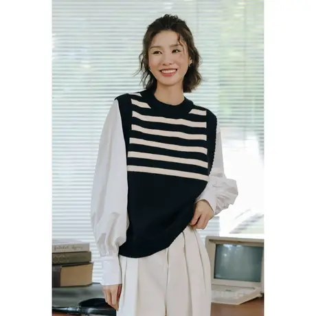 弥古小香风法式条纹针织马甲女春秋无袖坎肩上衣显瘦毛衣背心外搭图片