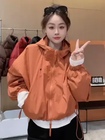连帽拉链短款外套女2023秋新款小个子下摆抽绳休闲长袖冲锋衣夹克商品大图