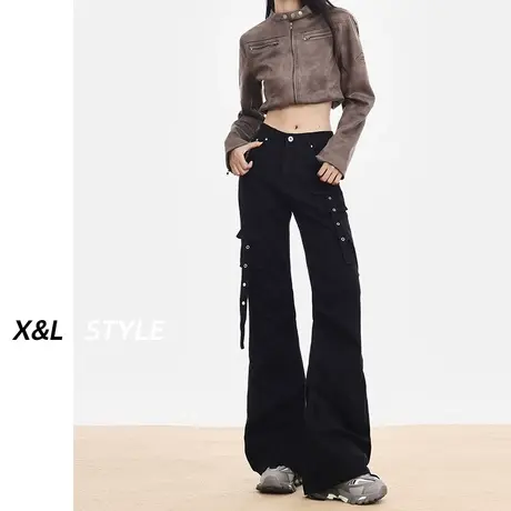 黑色工装微喇牛仔裤女春秋2023新款显高设计感炸街慵懒风喇叭裤子图片