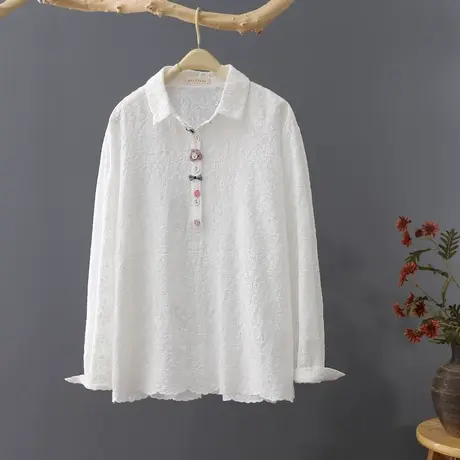 衬衫女2024春秋新品套头文艺清新白衬衣韩范长袖刺绣上衣打底衫商品大图