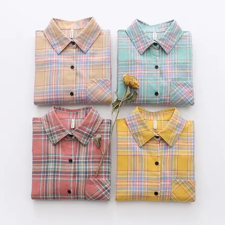 学院风格子衬衫女春秋新款磨毛复古港味宽松韩版长袖外穿打底上衣商品大图