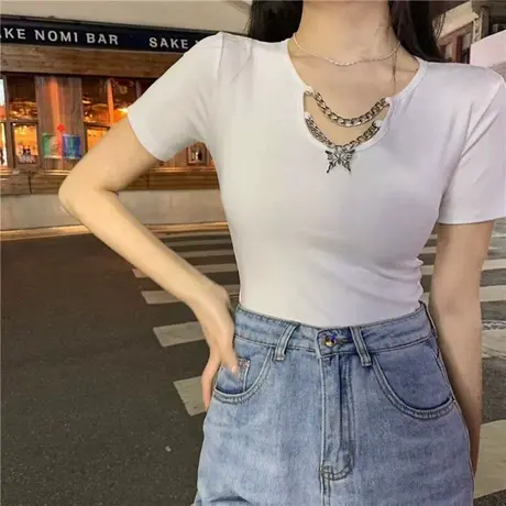 胖mm设计感链条短袖t恤女夏季2024新款韩版大码宽松露脐心机上衣商品大图