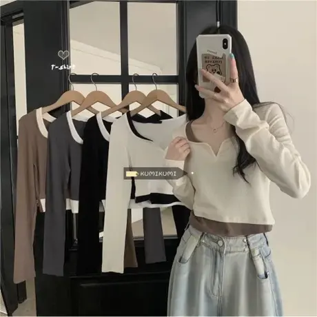 长袖假两件t恤女秋季2024新款设计感小众短款上衣洋气修身打底衫商品大图