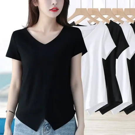 别致漂亮不规则开叉v领短袖t恤女款夏季新款上衣时髦时尚洋气商品大图
