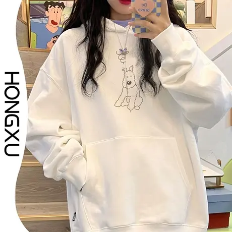 红续文艺百搭白色连帽卫衣2023冬季oversize加厚加绒显瘦上衣长袖商品大图