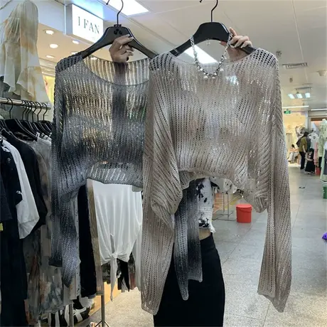 时髦渐变色不规则镂空针织衫女2023夏韩版宽松圆领长袖防晒罩衫潮商品大图