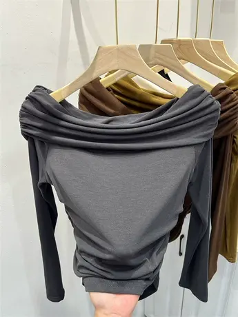 一字肩荡领针织衫羊绒修身收腰显瘦T恤女2023早秋长袖时髦打底衫商品大图