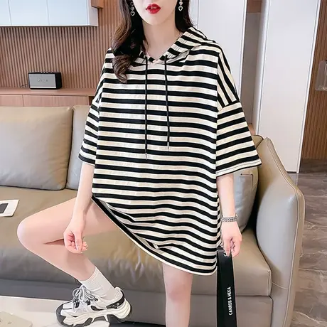 连帽短袖t恤女夏季韩版宽松大码中长款小众设计感纯棉条纹上衣服商品大图