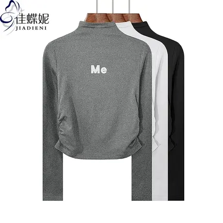 早秋新款半高领修身褶皱纯欲短款纯棉辣妹印花长袖体恤上衣女打底商品大图