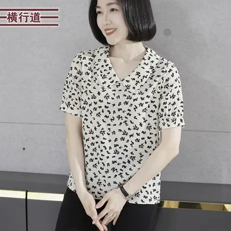 2025夏季新款娃娃领碎花宽松短袖雪纺衫中年妈妈装休闲大码女上衣商品大图