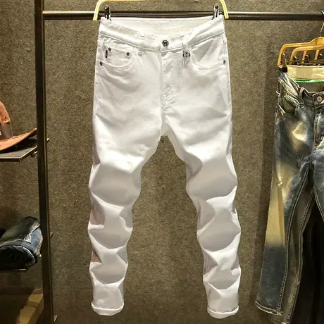 白色弹力牛仔裤男潮牌修身小脚裤欧洲站高端男士小直筒帅气休闲裤商品大图