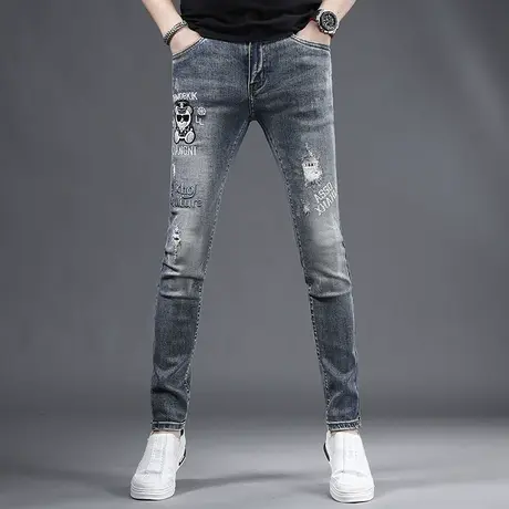 香港高端破洞刺绣牛仔裤男款修身小脚裤2023新款潮牌潮流男士裤子商品大图