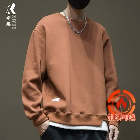 咖啡色假两件卫衣男大码春秋休闲男款男士休闲加绒加厚打底套头衫商品大图