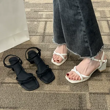 配裙子凉鞋女2024年春季新款时尚百搭温柔复古气质网红一字高跟鞋商品大图