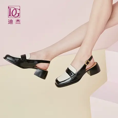 牛皮包头凉鞋女粗跟新款春夏方头后空中跟真皮浅口单鞋子商品大图