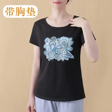 带胸垫不用穿内衣的印花T恤中年妈妈外穿短袖上衣商品大图