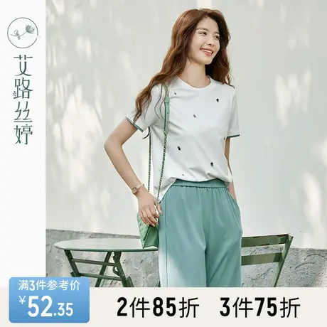 艾路丝婷刺绣圆领T恤女短袖2023年夏季新款宽松正肩遮肉显瘦上衣商品大图