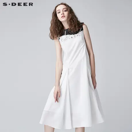 sdeer圣迪奥2018夏装印花压褶阔摆无袖白色雪纺连衣裙女S17281251图片