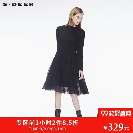 sdeer圣迪奥复古优雅雪纺拼接腰部褶皱羊毛连衣裙S17381287图片