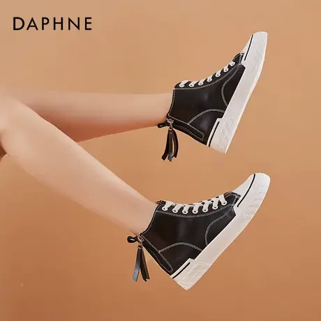 达芙妮黑色高帮鞋女2021帆布鞋厚底秋季系带圆头小白鞋百搭休闲鞋图片