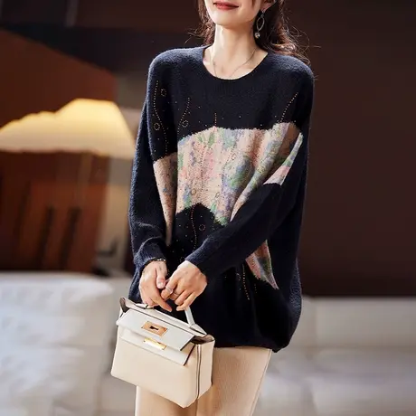 2023秋冬新款大码女装毛衣烫钻宽松显瘦胖mm针织衫百搭拼接上衣潮图片