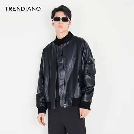 TRENDIANO官方男装秋季新款男士机车短款皮衣飞行员夹克外套图片