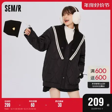 [Y]森马棉服女中长款海军领学院风2022冬季新款黑色宽松厚棉袄图片