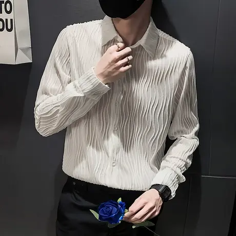 秋季波浪条纹衬衫长袖纯色发型师修身潮流休闲帅气百搭时尚衬衣商品大图