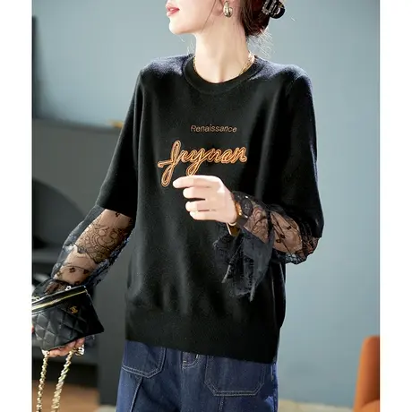 宝诗黎圆领字母刺绣蕾丝拼接长袖针织衫2024早春新款时尚套头毛衣商品大图