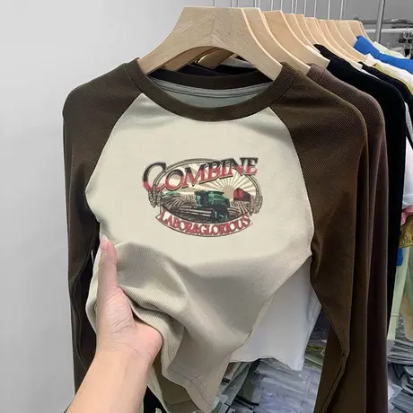 正肩长袖衫女2023秋季新款韩版小个子印花圆领上衣修身内搭正肩T商品大图