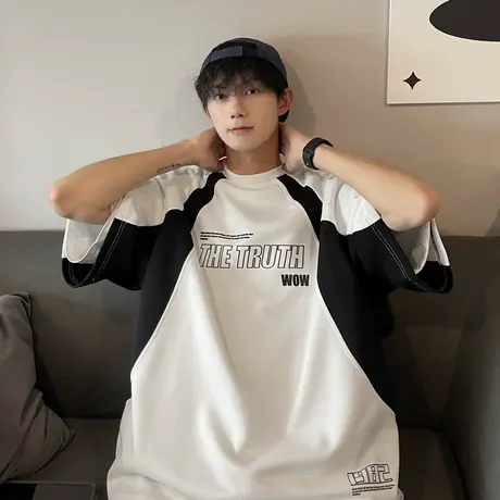 2023夏季撞色宽松短袖T恤男潮流圆领纯棉透气休闲打底机车服体恤商品大图