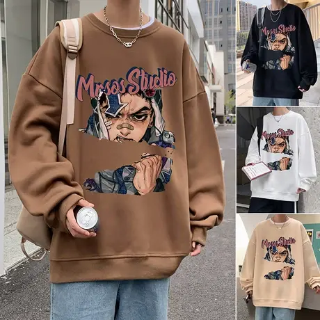 潮牌卫衣男秋冬季美式复古内搭长袖打底衫圆领外套宽松套头上衣服图片