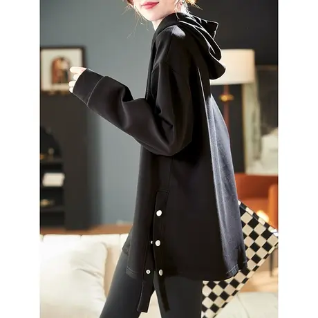 宝诗黎连帽宽松慵懒长袖卫衣2024春季简约百搭新款休闲棉质上衣女商品大图